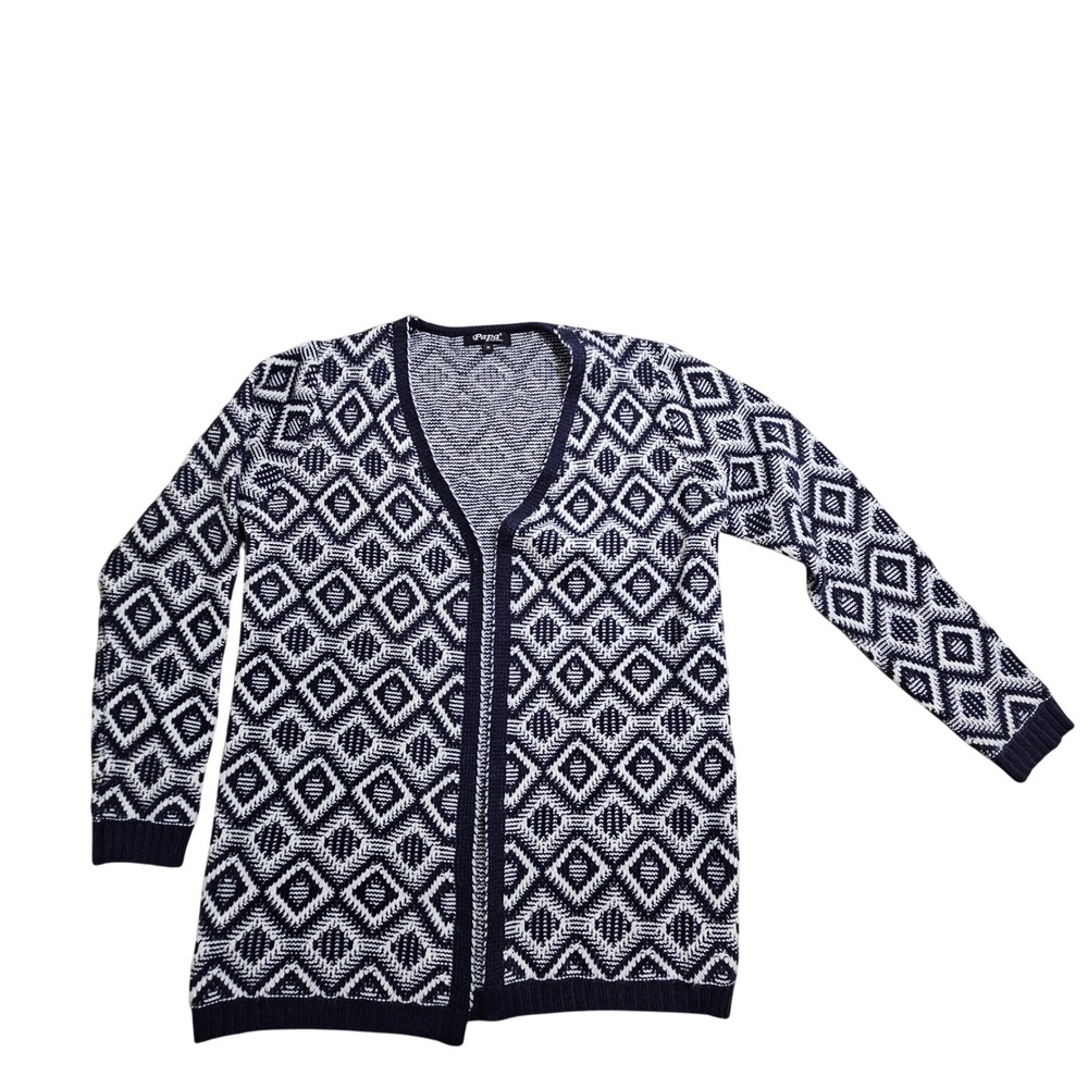 Papa Vancouver Cardigan Women Size M Navy Blue White Geometric Diamond Open Frnt